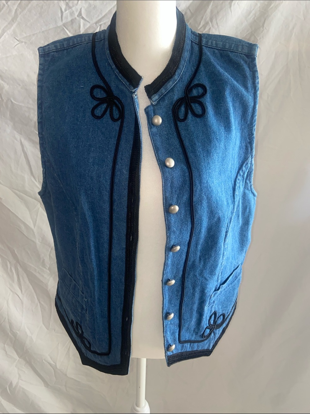 Vintage Sleeveless Blue Denim Vest with Black Trim ladies large